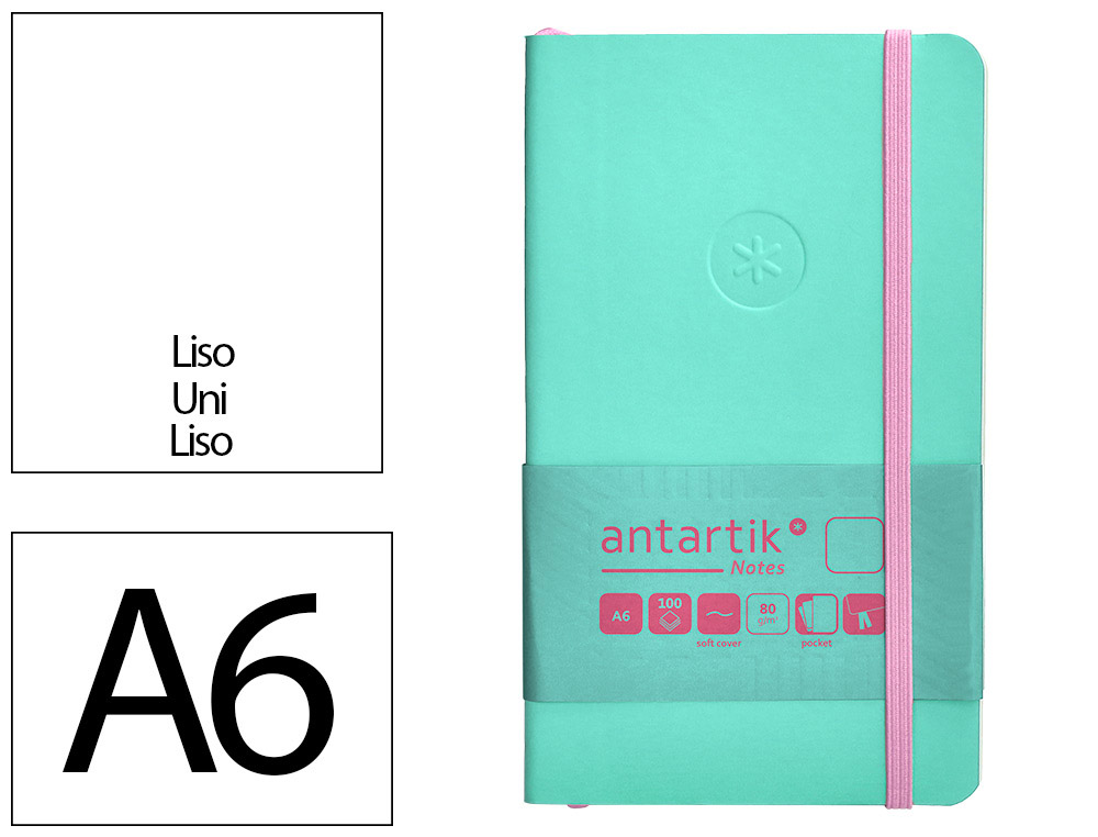 CARNET A6 ANTARTIK NOTES PAPIER UNI IVOIRE COUVERTURE SOUPLE FERMETURE ELASTIQUE ROSE 100 PAGES 80GR COLORIS TURQUOISE
