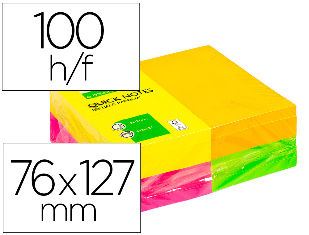 BLOC-NOTES Q-CONNECT QUICK NOTES COULEURS NON RAINBOW 76X127MM 100F REPOSITIONNABLES ROSEORANGE/VERT/JAUNE 12 BLOCS