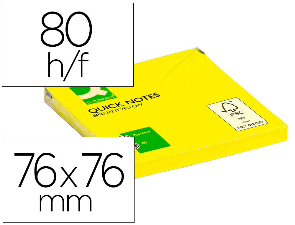 BLOC-NOTES Q-CONNECT QUICK NOTES COULEURS NON 76X76MM 80F REPOSITIONNABLES COLORIS JAUNE VIF