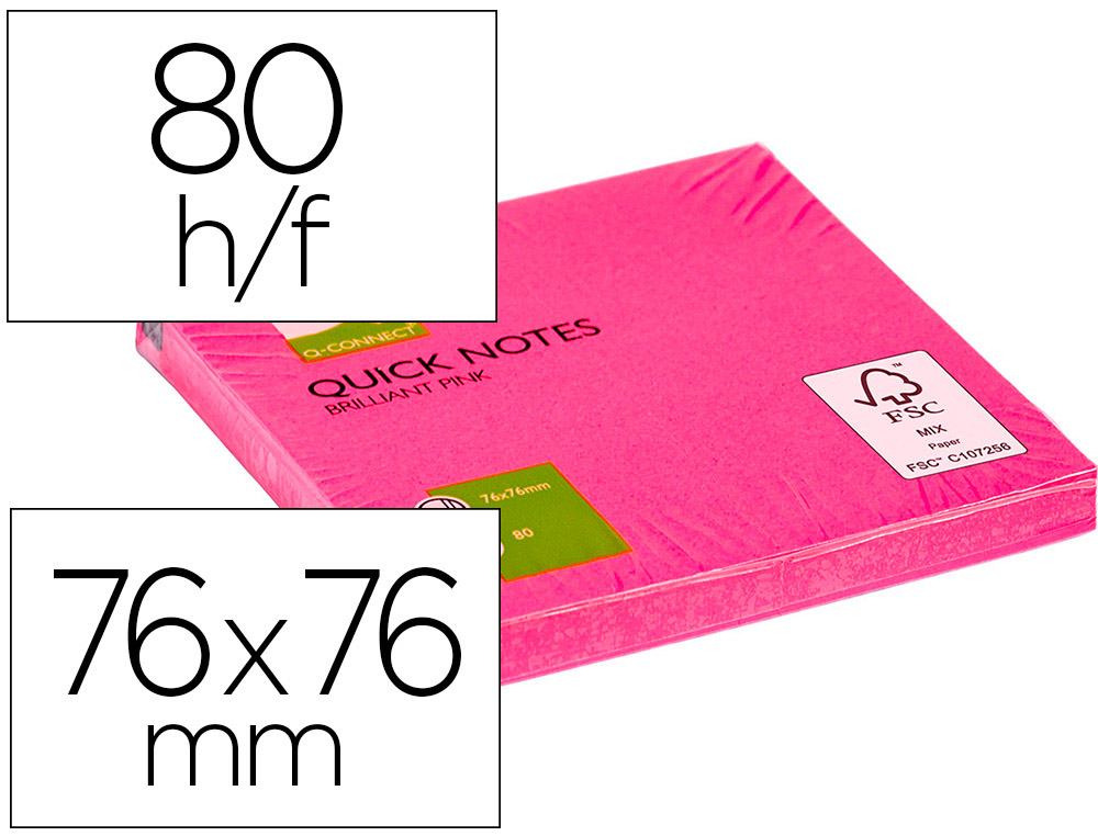BLOC-NOTES Q-CONNECT QUICK NOTES COULEURS NON 76X76MM 80F REPOSITIONNABLES COLORIS ROSE VIF