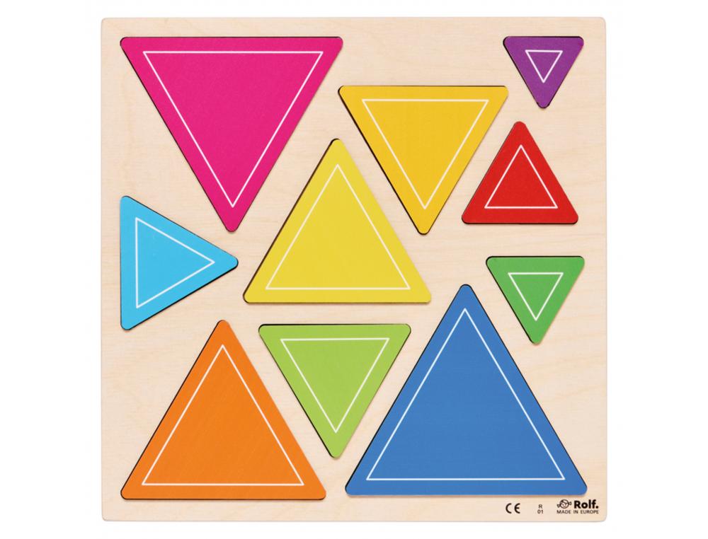 DECOUVERTE DES TAILLES TRIANGLES ROLF PUZZLES EN     RELIEF EN BOIS TRIANGLES      COLORES 10 PIECES ET 1