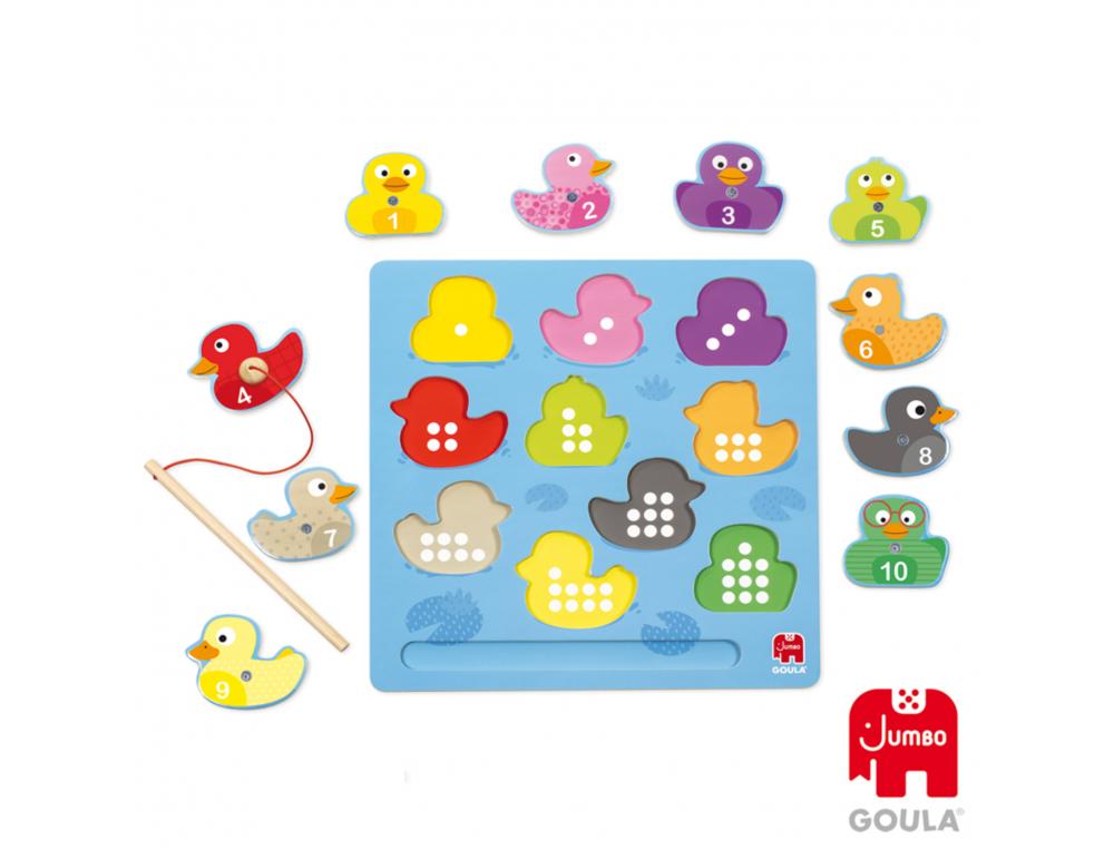 LA PECHE AUX CANARDS GOULA APPRENTISSAGE COULEURS ET     CHIFFRES 10 PIECES 1 CANNE    MAGNETIQUE 1 SUPPORT EN BOIS