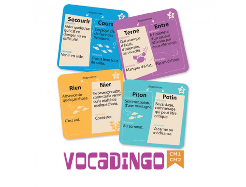 APPRENDRE A LIRE ET A ECRIRE COCKTAIL GAMES VOCADINGO CM1  AU CM2 ENRICHIR VOCABULAIRE   50 CARTES 4 NIVEAUX