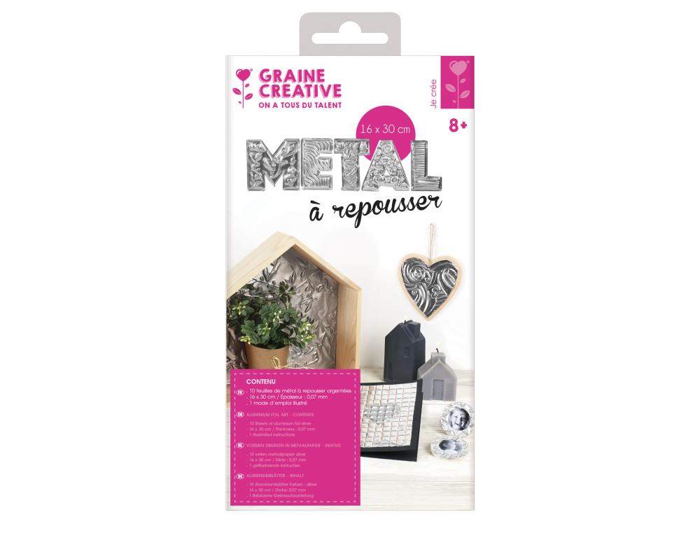 POCHETTE FEUILLES ALUMINIUM METAL A REPOUSSER GRAINE      CREATIVE 30X16CM 10 FEUILLES  COLORIS ARGENT