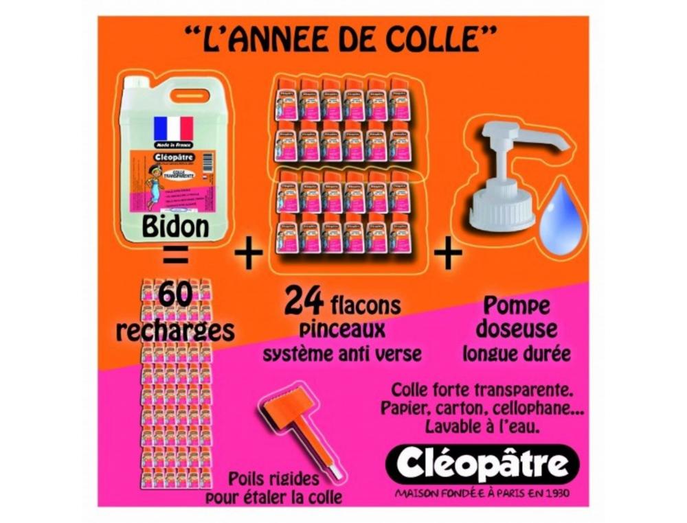COLLE TRANSPARENTE CLEOPATRE SANS SOLVANT BASE EAU         CLASSPACK 24 FLACONS 80G 5KG  COLLE TRANSPARENTE + 1 POMPE