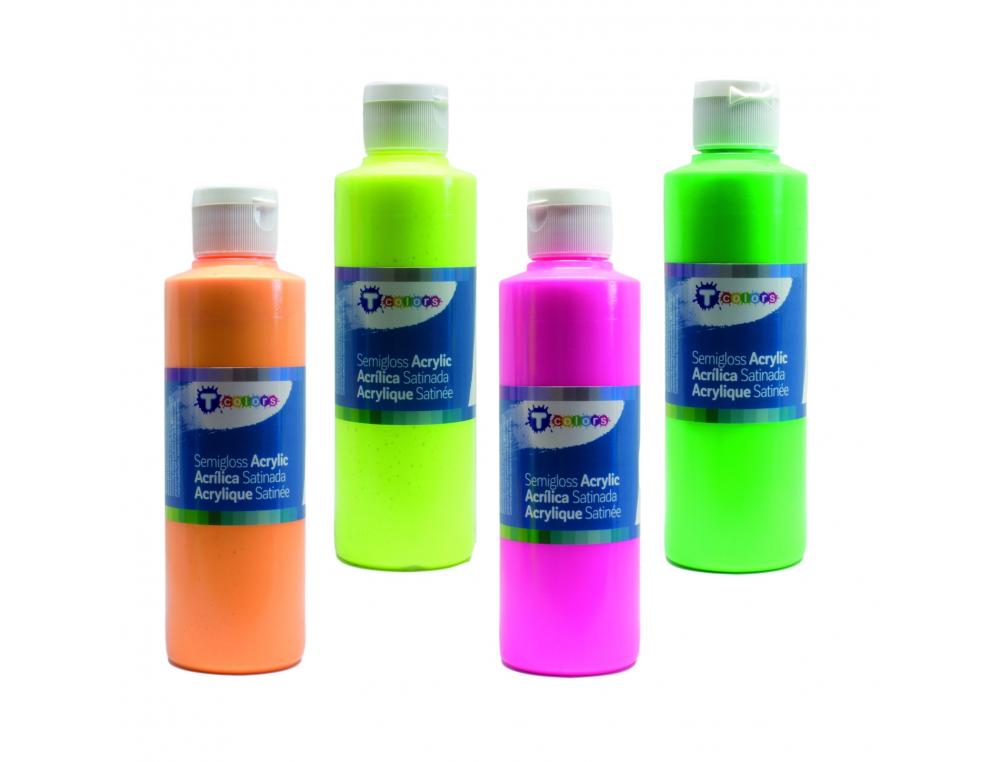 PEINTURE ACRYLIQUE TCOLOURS FLUO PRETE A L EMPLOI         ASSORTIMENT DE 4 FLACONS DE   250 ML COLORIS ASSORTIS