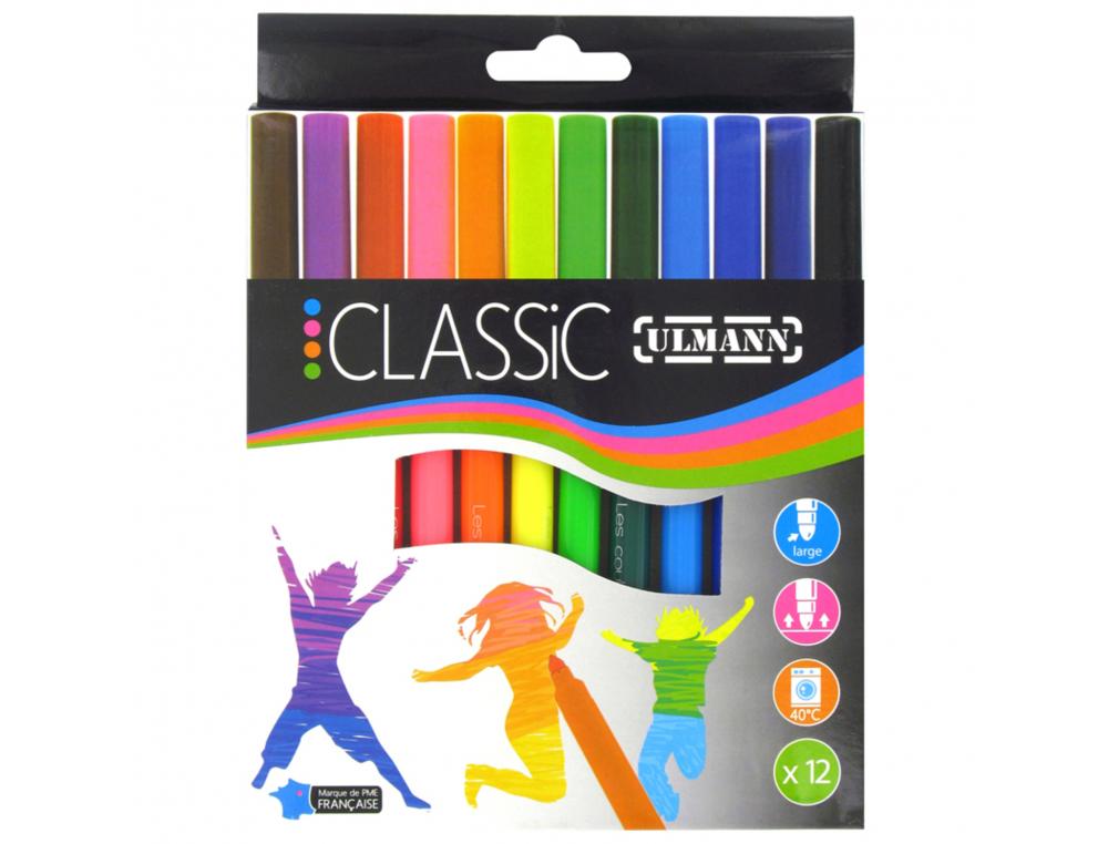 POCHETTE FEUTRES DE COLORIAGE ULMANN POINTE LARGE BLOQUEE   12 UNITES COLORIS ASSORTIS
