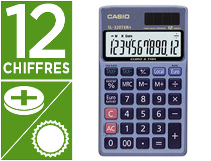 CALCULATRICE CASIO POCHE SL 320TER+ CRAN GANT TUI CONVERTISSEUR MONNAIE MMOIRE SOLAIRE/PILE 70X118.5X8MM 55G
