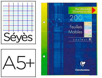 FEUILLET MOBILE CLAIREFONTAINE A5+ 170X220MM PAPIER VLIN VELOUT 200 PAGES 90G SYS PERFOR COLORIS ASSORTIS