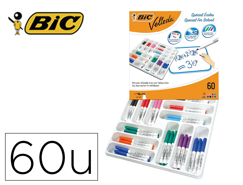 MARQUEUR BIC VELLEDA 1741 EFFACABLE POINTE OGIVE ENCRE  BASE ALCOOL INODORE 8 COLORIS ASSORTIS MEDIUM CLASSPACK 60