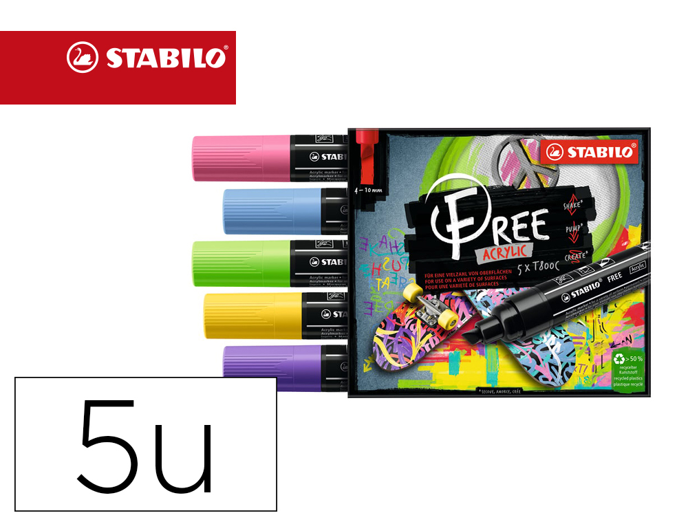 MARQUEUR STABILO SEASIDE FREE ACRYLIC TOUTES SURFACES T800 POINTE LARGE BISEAUTEE SET 4 COLORIS ASSORTIS COFFRET 5 UNI