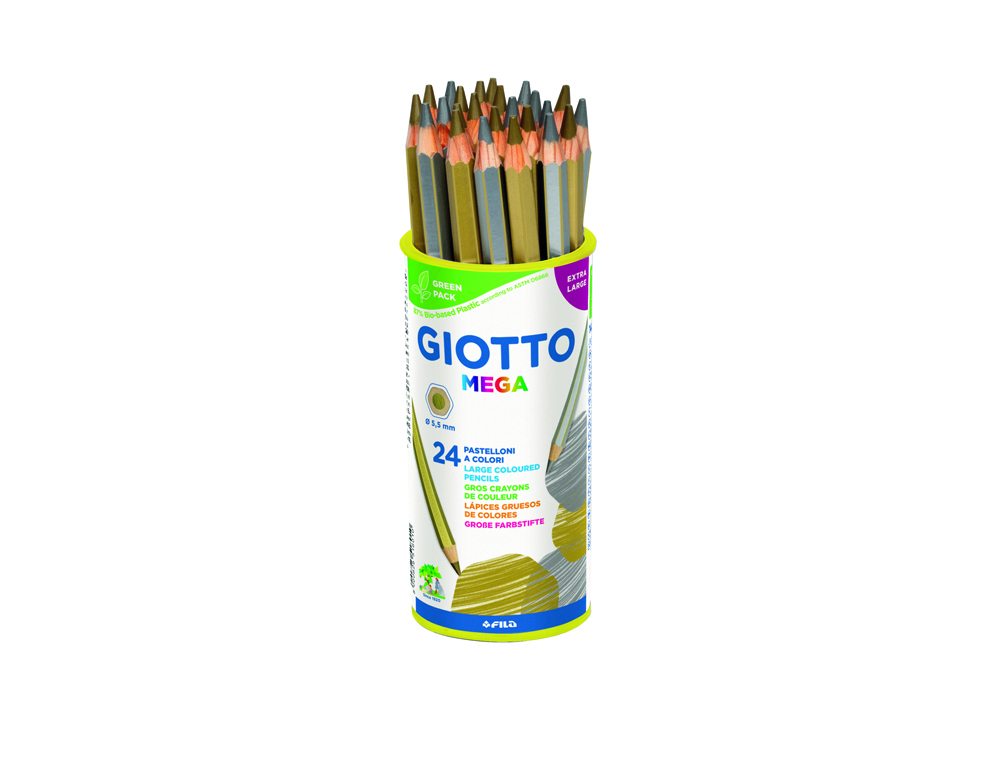 POT CRAYONS DE COULEUR MEGA GIOTTO FORME HEXAGONALE BOIS  18CM MINE 5MM 24 UNITES       COLORIS OR ET ARGENT ASSORTIS
