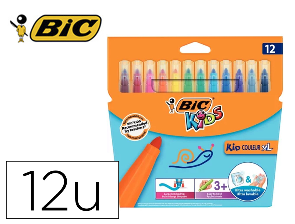 LOT BIC KIDS COULEUR XL 12 POCHETTES DE 12 FEUTRES       POINTE EXTRA LARGE DONT 3     GRATUITES COLORIS ASSORTIS