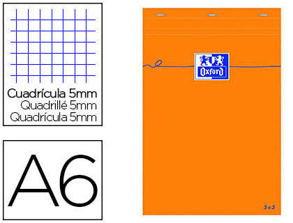 BLOC BUREAU OXFORD PAPIER A6 VLIN SURFIN AGRAF EN TTE COUVERTURE ENVELOPPANTE 105X148MM 80F 80G 5X5MM COLORIS ORANGE