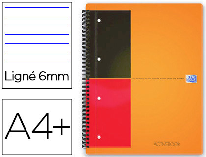 CAHIER OXFORD ACTIVE BOOK OPTIK PAPER COUVERTURE POLYPROPYLNE POCHETTE RANGEMENT A4+ 21X32CM 160 PAGES LIGN