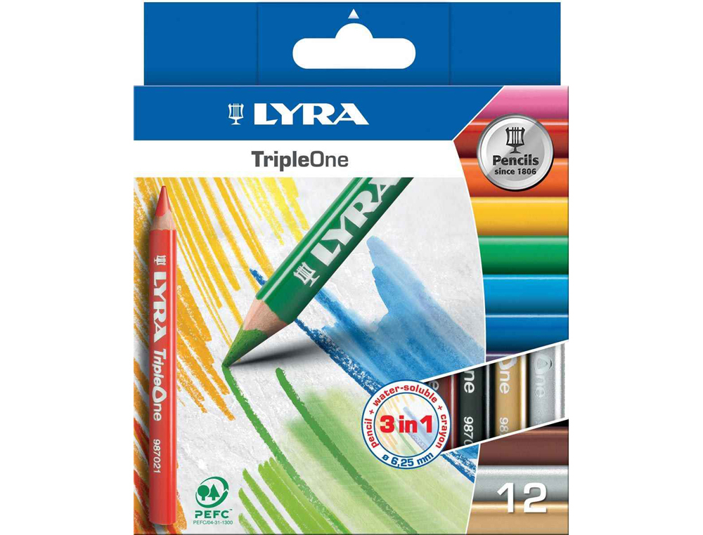 CRAYON COULEUR LYRA TRIPLE ONE 3EN1 TRIANGULAIRE AQUARELLABLE 120MM CRAIE GRASSE MINE 6.25MM DIAMTRE TUI CARTON 12U