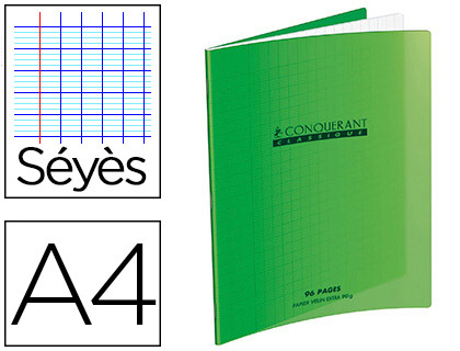 CAHIER PIQU CONQURANT CLASSIQUE COUVERTURE POLYPROPYLNE RIGIDE TRANSPARENTE A4 21X29,7CM 96 PAGES 90G SYS VERT