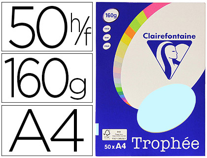 PAPIER COULEUR CLAIREFONTAINE TROPHE PERSONAL PAPER PACK A4 160G/M2 BLEU PASTEL PAQUET 50 FEUILLES UNICOLORES