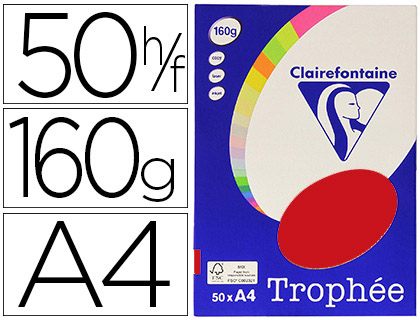 PAPIER COULEUR CLAIREFONTAINE TROPHE PERSONAL PAPER PACK A4 160G/M2 ROUGE GROSEILLE 50 FEUILLES COULEURS INTENSES