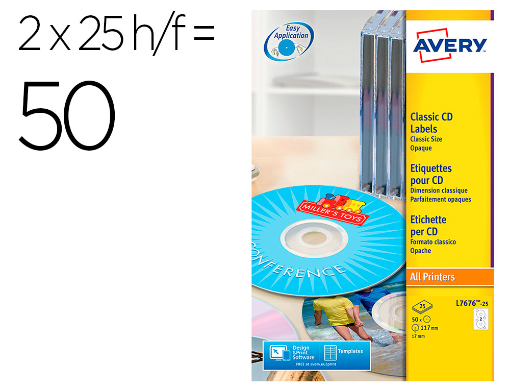 TIQUETTE ADHSIVE AVERY CD DIAMTRE 117MM LASER COMPATIBLE JET ENCRE COPIEUR MAXICOUVRANTE POCHETTE 50 UNITS