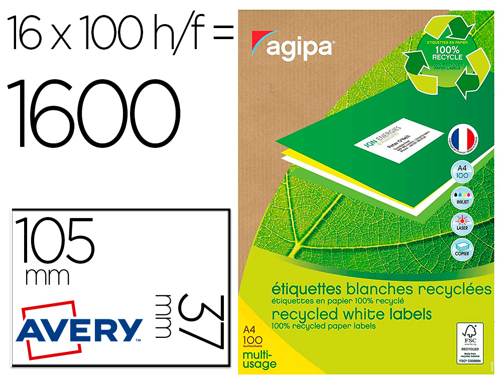 TIQUETTE ADHSIVE APLI AGIPA 105X37MM RECYCLE MULTI-USAGES ADHSIF ACRYLIQUE BOTE 1600 UNITS 100 FEUILLES A4