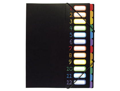 TRIEUR VIQUEL  SOUFFLETS POLYPROPYLNE 5/10E 12 COMPARTIMENTS FERMETURE LASTIQUE PORTE-TIQUETTE NOIR
