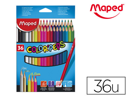 CRAYON COULEUR MAPED COLOR PEP'S TRIANGULAIRE MINE TENDRE RSISTANTE SANS CHARDE COLORIS LUMINEUX TUI CARTON 36U