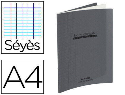 CAHIER PIQU CONQURANT CLASSIQUE COUVERTURE POLYPROPYLNE RIGIDE TRANSPARENTE A4 21X29,7CM 96 PAGES 90G SYS GRIS