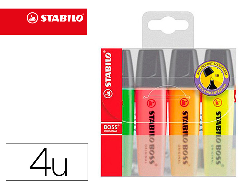 SURLIGNEUR STABILO BOSS TRAC 2/5MM POINTE BISEAUTE ENCRE UNIVERSELLE BASE EAU RSISTANTE LUMIRE POCHETTE 4 UNITS