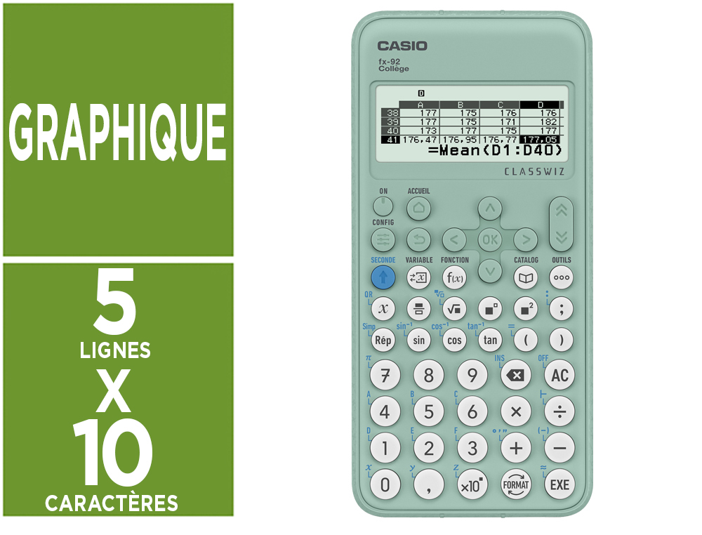 CALCULATRICE CASIO SCIENTIFIQUE FX 92 COLLGE     CRAN GANT 5 LIGNES STATISTIQUES TABLEAU VALEURS 166X77X14MM 100G