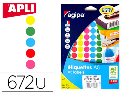 PASTILLE ADHSIVE APLI AGIPA DIAMTRE 15MM COLORIS ASSORTIS POCHETTE 672 UNITS