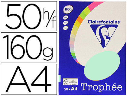 PAPIER COULEUR CLAIREFONTAINE TROPHE PERSONAL PAPER PACK A4 160G/M2 VERT PASTEL PAQUET 50 FEUILLES UNICOLORES