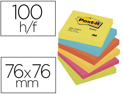 BLOC-NOTES POST-IT COULEURS NERGIQUES 76X76MM 100F REPOSITIONNABLES 5 COLORIS ASSORTIS 6 BLOCS  7100296019