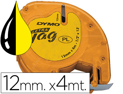 RUBAN TITREUSE DYMO LETRATAG SUPPORT PLASTIQUE 12MMX4M COLORIS IMPRESSION NOIR/JAUNE