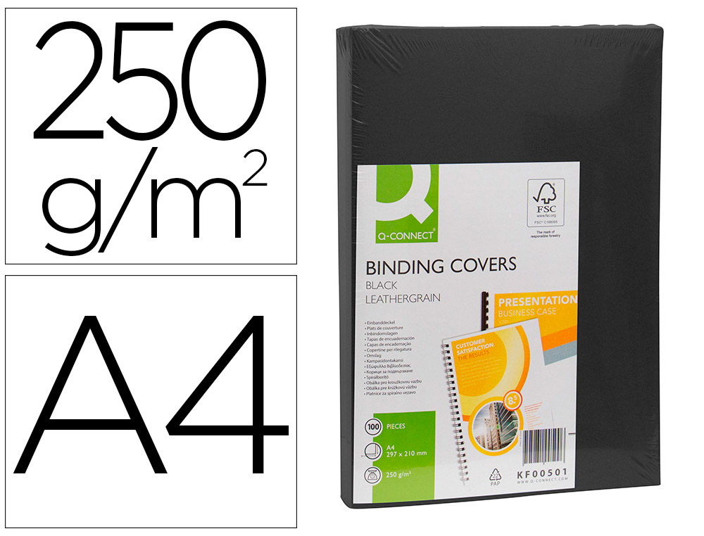 COUVERTURE Q-CONNECT CARTON 250G GRAIN CUIR POUR RELIURE FORMAT A4 COLORIS NOIR PAQUET 100 UNITS