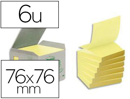 BLOC-NOTES POST-IT Z-NOTES PAPIER RECYCLÉ 76X76MM 100F/BLOC REPOSITIONNABLES COLORIS JAUNE BOÎTE 6 BLOCS