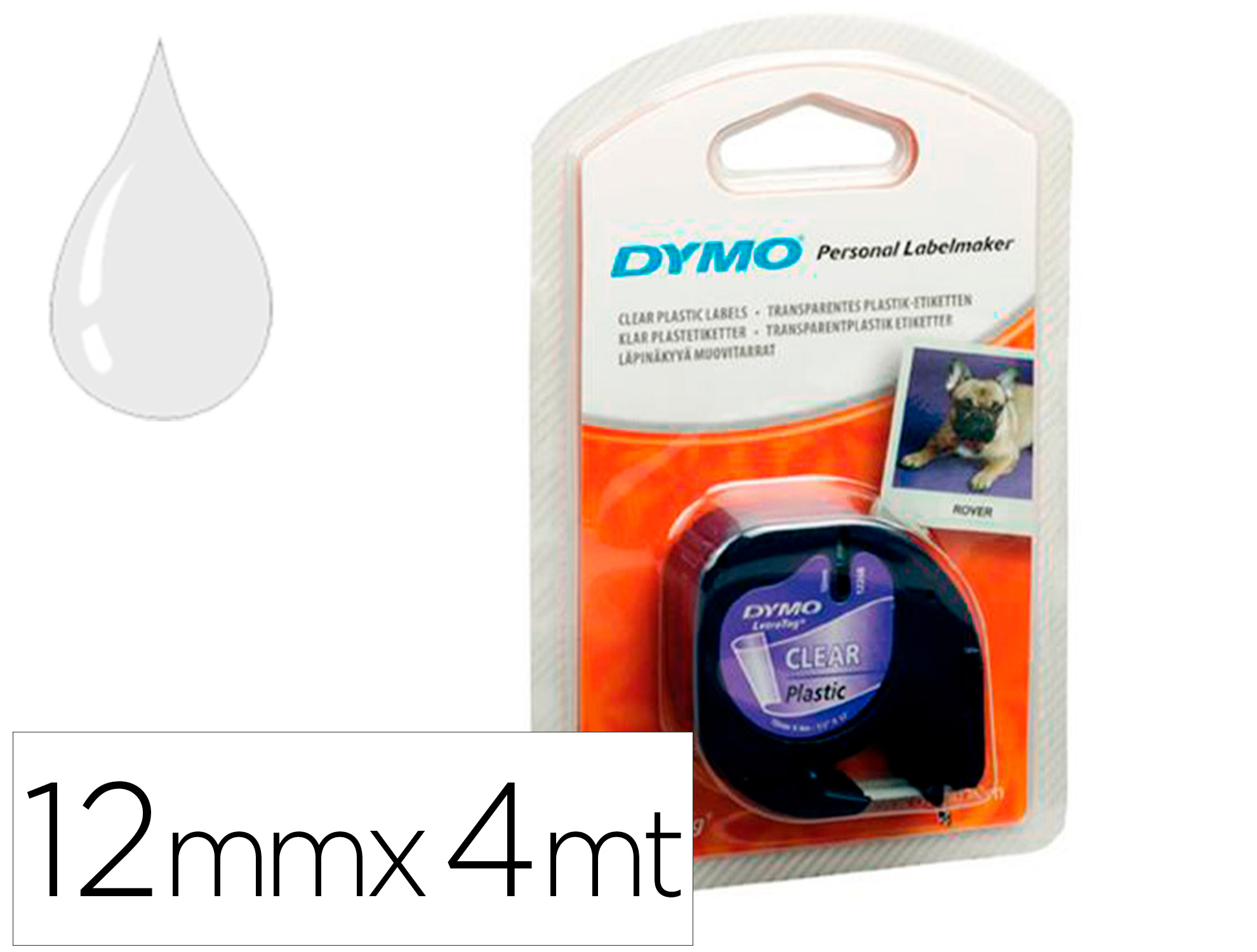RUBAN TITREUSE DYMO LETRATAG SUPPORT PLASTIQUE 12MMX4M COLORIS IMPRESSION NOIR/TRANSPARENT
