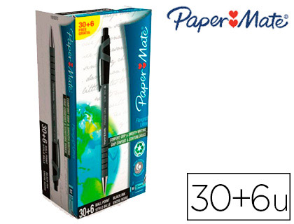 STYLO-BILLE PAPER MATE FLEXIGRIP LITE CRITURE LARGE 0.7MM ENCRE DOUCE CORPS CAOUTCHOUT ANT-GLISSE NOIR PACK 30U+6