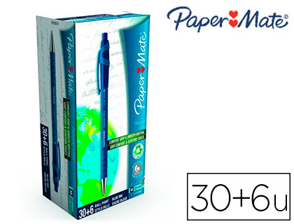 STYLO-BILLE PAPER MATE FLEXIGRIP LITE CRITURE LARGE 0.7MM ENCRE DOUCE CORPS CAOUTCHOUT ANT-GLISSE BLEU PACK 30U+6
