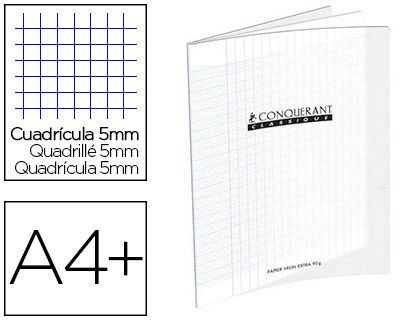 CAHIER PIQU CONQURANT CLASSIQUE COUVERTURE POLYPROPYLNE RIGIDE TRANSPARENTE A4+ 24X32CM 96 PAGES 90G 5X5 INCOLORE