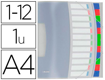 TRIEUR ESSELTE VIVIDA POLYPROPYLNE TRANSLUCIDE 12 COMPARTIMENTS 3 RABATS BANDES LASTIQUES INDEX AMOVIBLE TIQUETTE DOS