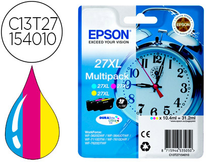 CARTOUCHE EPSON T2715 JET D'ENCRE C13T27054010 3 COULEURS CYAN/MAGENTA/JAUNE HAUTE CAPACIT 1100P