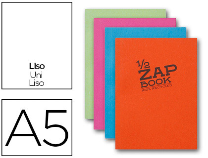 BLOC RECYCL CLAIREFONTAINE ZAP BOOK ENCOLL COUVERTURE CARTONNE FORMAT A5 148X210MM 160F 80G UNI 4 COLORIS