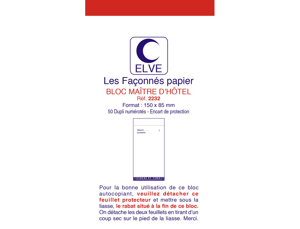 BLOC MATRE D'HTEL ELVE PAPIER AUTOCOPIANT NUMROT 1/50 85X150MM 50 DUPLIS BLEU ROUGE
