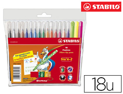 FEUTRE COLORIAGE STABILO TRIO TRIANGULAIRE ENCRE SUPER LAVABLE POINTE MOYENNE POCHETTE 18 UNITS + 3 FLUOS