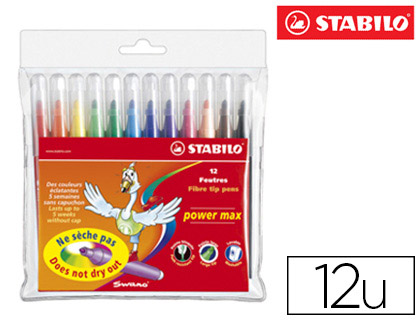FEUTRE COLORIAGE STABILO POWER MAX ENCRE LAVABLE CORPS LARGE POINTE LARGE BLOQUE POCHETTE 12 UNITS