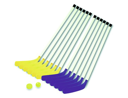 KIT HOCKEY JUNIOR CONTIENT 12 CROSSES 95CM 6 BLEUS/6 JAUNES 1 PALETTE 1 BALLE