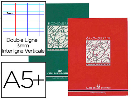 CAHIER D'CRITURE PIQU CONQURANT CLASSIQUE COUVERTURE VERNIE CARTE COUCHE A5+ 17X22CM 32 PAGES 90G 3 INTERLIGNES 10MM