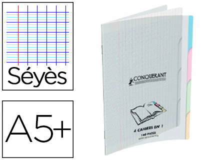 CAHIER PIQU CONQURANT CLASSIQUE 4EN1 POLYPROPYLNE 4 ONGLETS A5+ 17X22CM 140 PAGES 90G SYS
