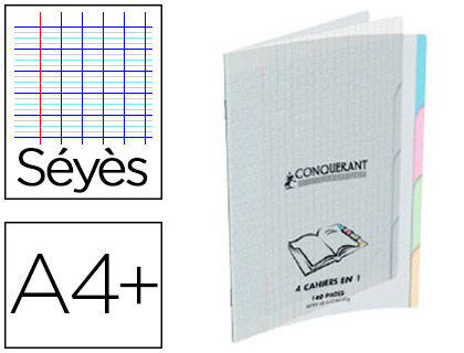 CAHIER PIQU CONQURANT CLASSIQUE 4EN1 POLYPROPYLNE 4 ONGLETS A4+ 24X32CM 140 PAGES 90G SYS